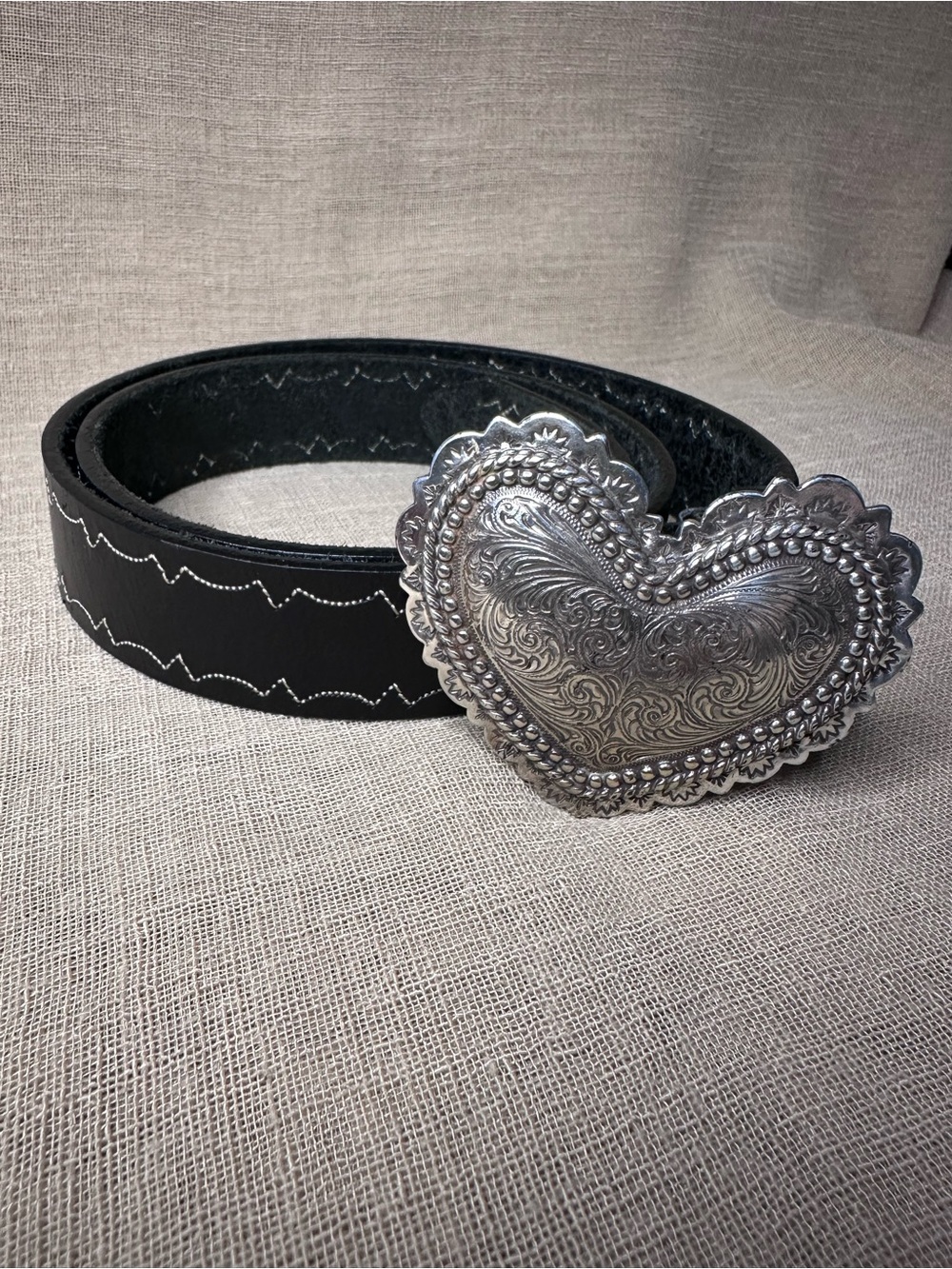 Brighton Heart of Silver Black Leather Belt Large 34